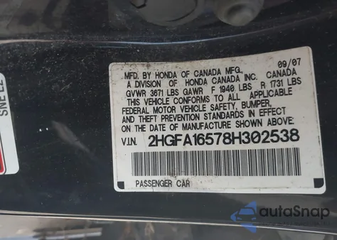 2008 Honda Civic Lx z USA, uszkodzony, nr VIN 2HGFA16578H302538